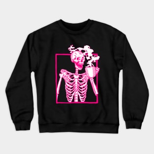 halloween skeleton drinking coffee pink Crewneck Sweatshirt